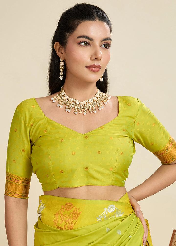 Volt Green Banarasi Silk Saree with Intricate Zari & Paithani Pallu Work
