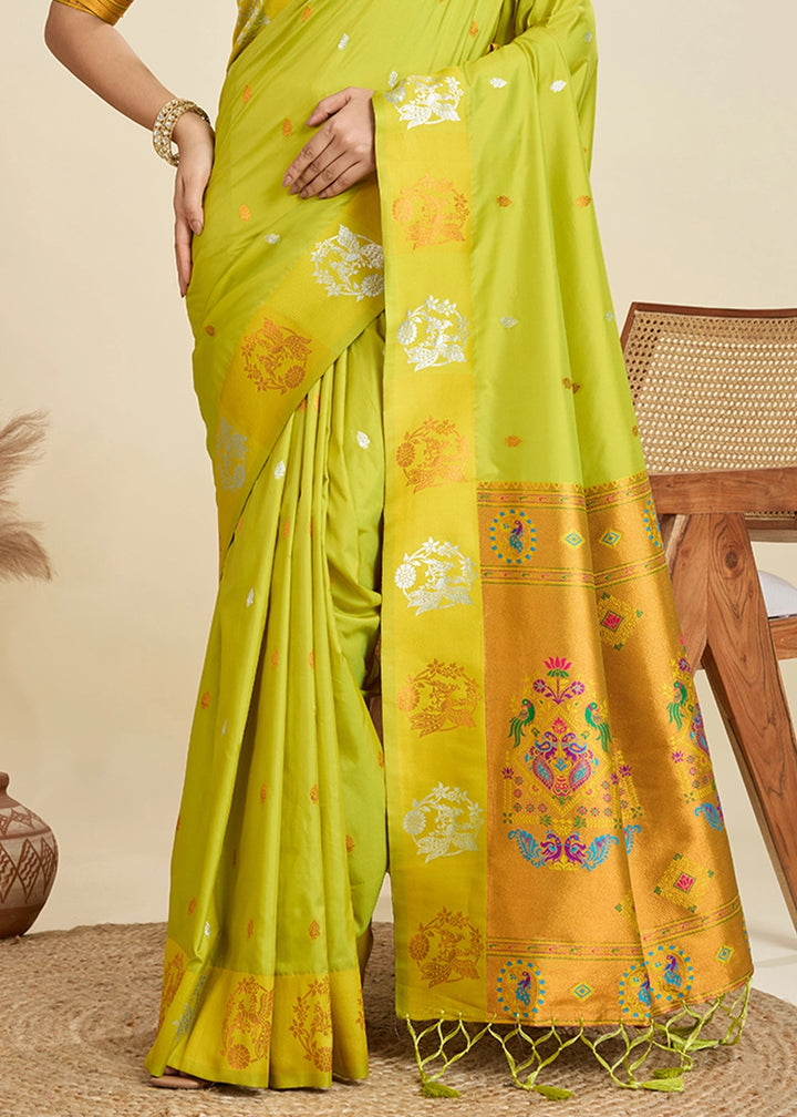 Volt Green Banarasi Silk Saree with Intricate Zari & Paithani Pallu Work