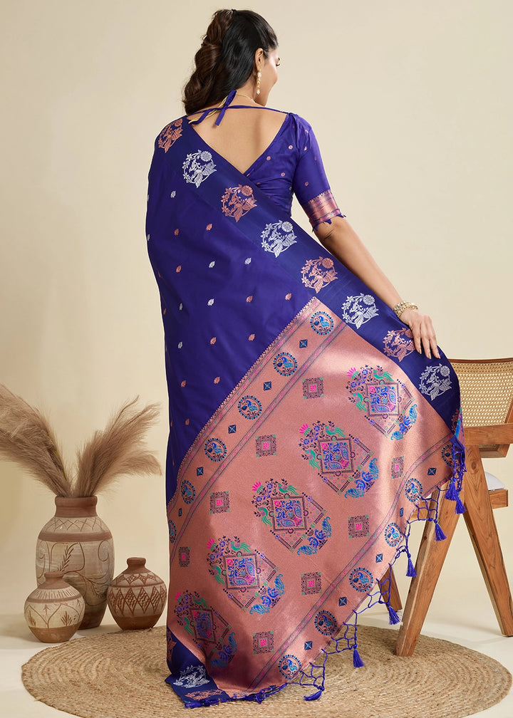 Admiral Blue Banarasi Silk Saree with Intricate Zari & Paithani Pallu Work