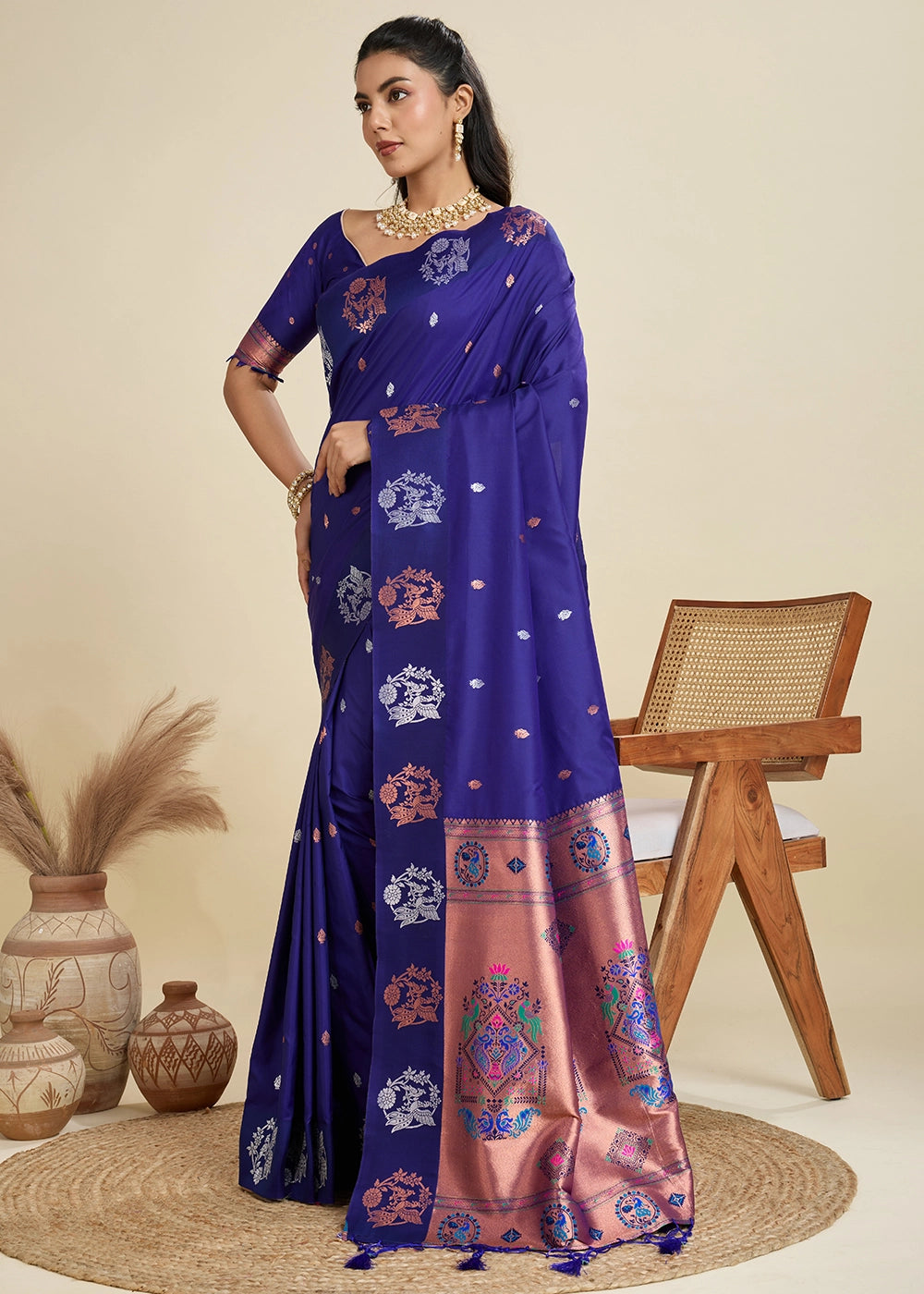 Admiral Blue Banarasi Silk Saree with Intricate Zari & Paithani Pallu Work