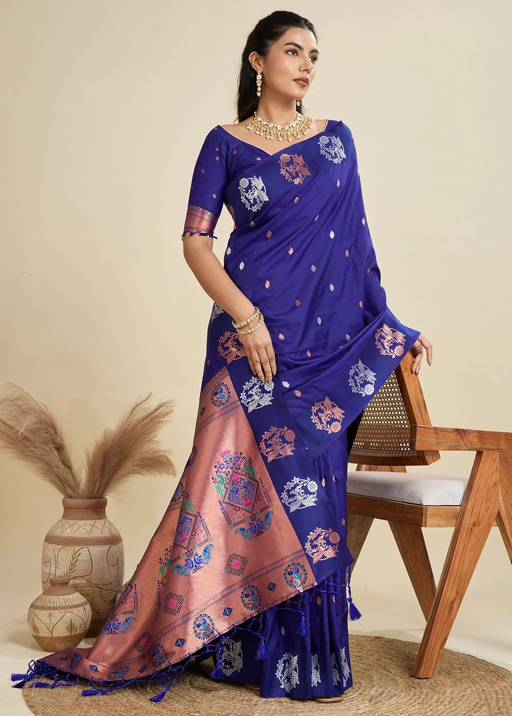 Admiral Blue Banarasi Silk Saree with Intricate Zari & Paithani Pallu Work