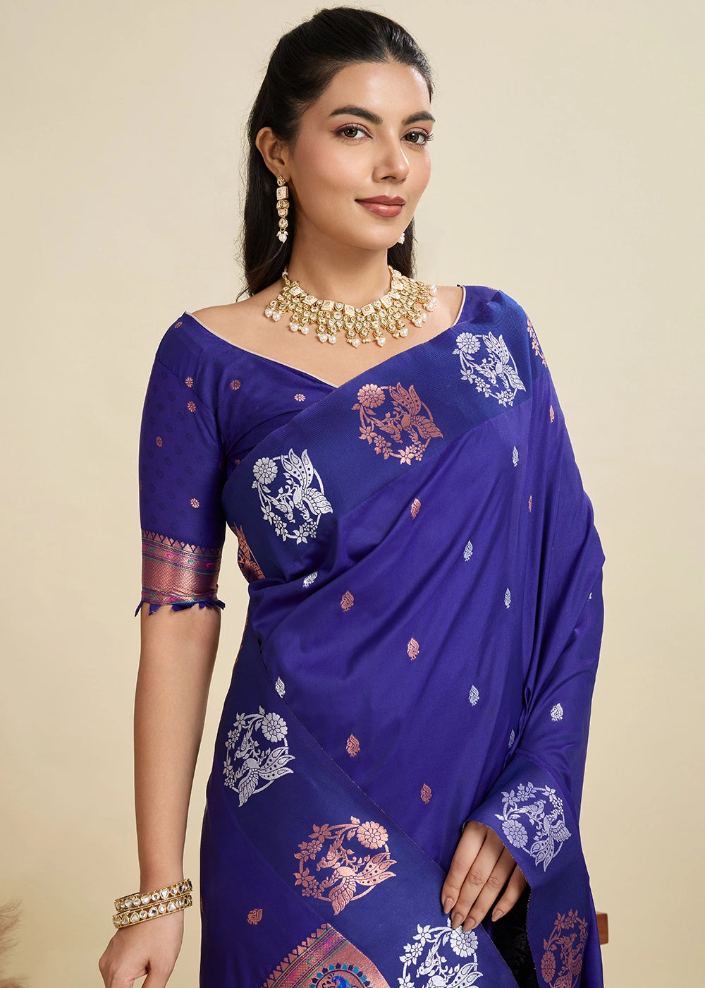 Admiral Blue Banarasi Silk Saree with Intricate Zari & Paithani Pallu Work