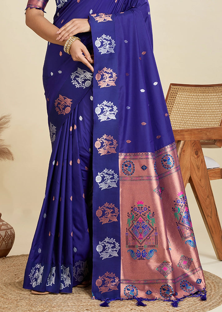 Admiral Blue Banarasi Silk Saree with Intricate Zari & Paithani Pallu Work