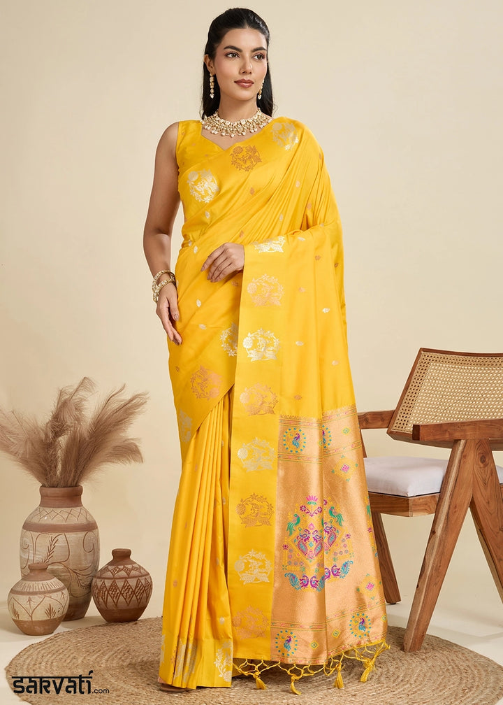 Saffron Yellow Banarasi Silk Saree with Intricate Zari & Paithani Pallu Work