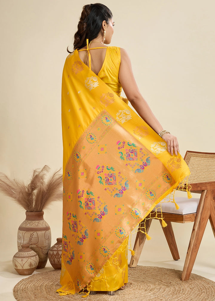 Saffron Yellow Banarasi Silk Saree with Intricate Zari & Paithani Pallu Work