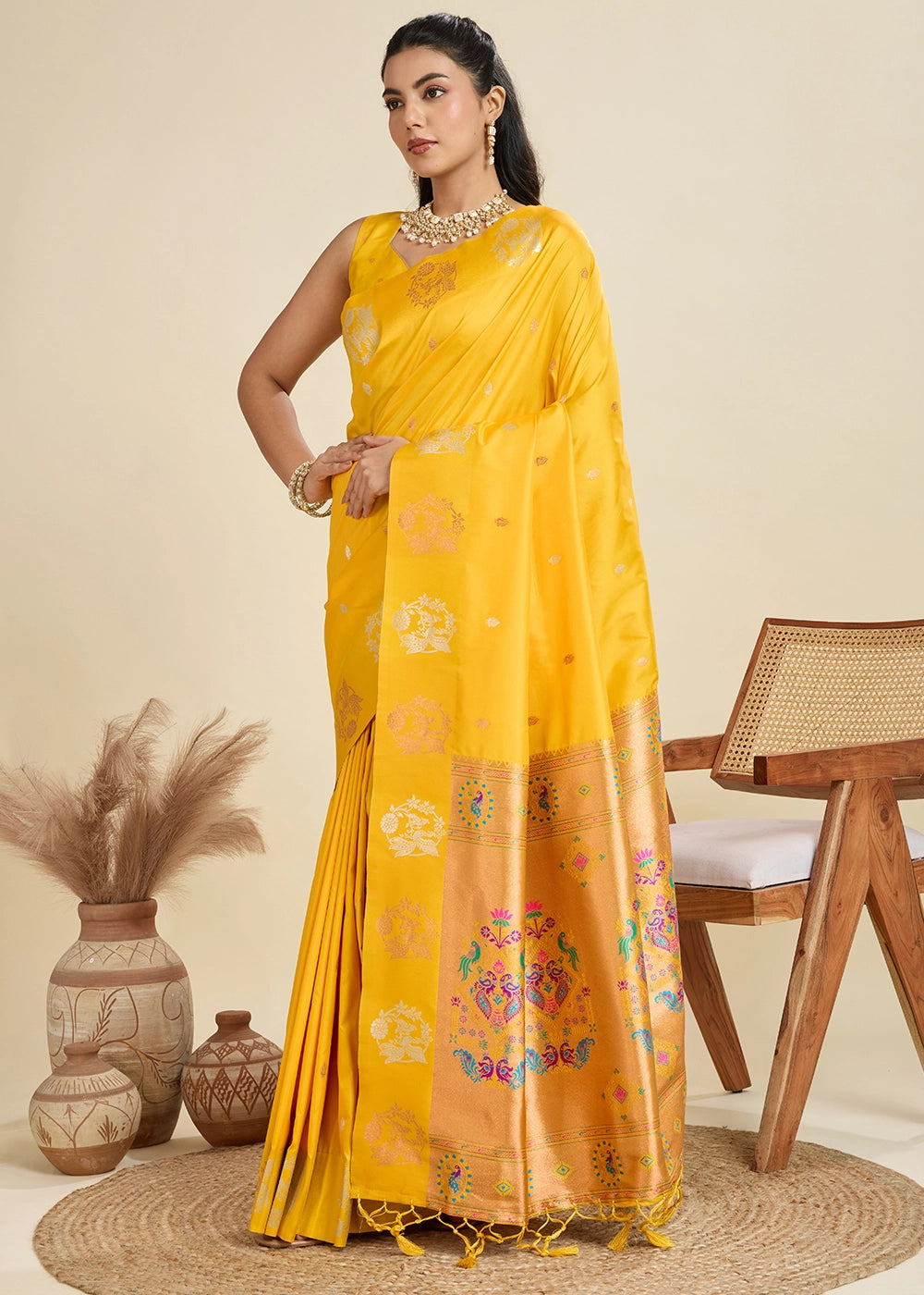 Saffron Yellow Banarasi Silk Saree with Intricate Zari & Paithani Pallu Work