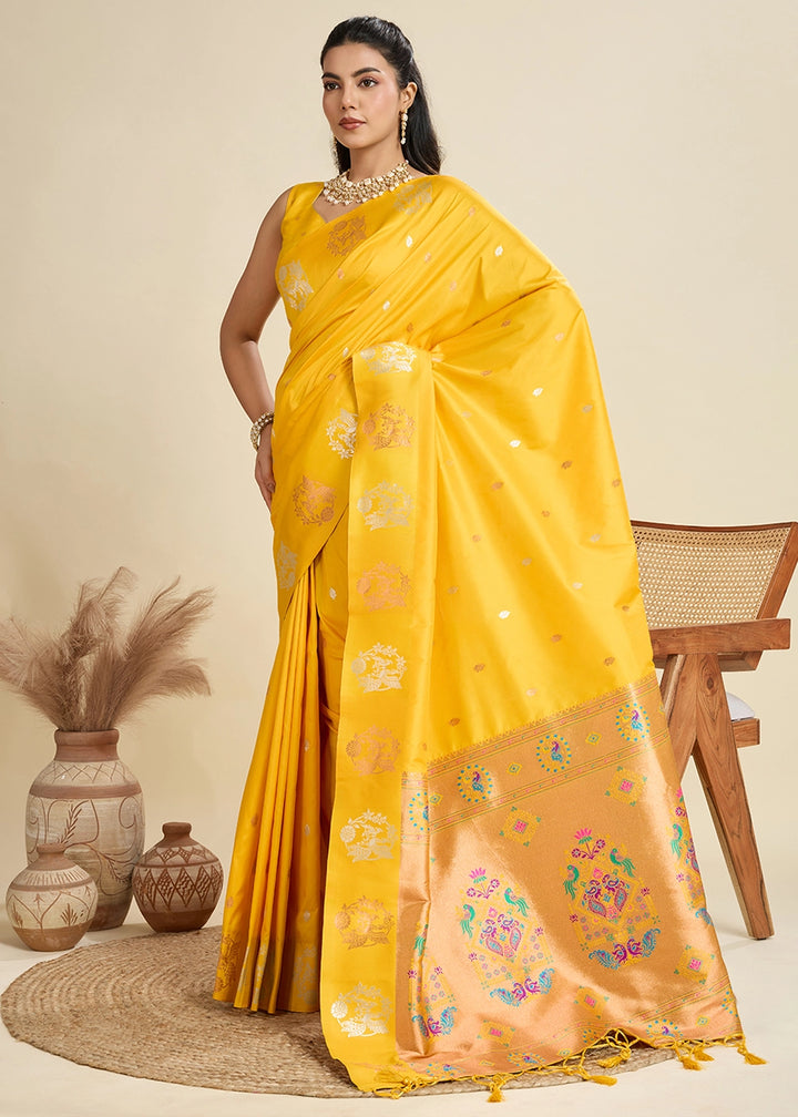 Saffron Yellow Banarasi Silk Saree with Intricate Zari & Paithani Pallu Work
