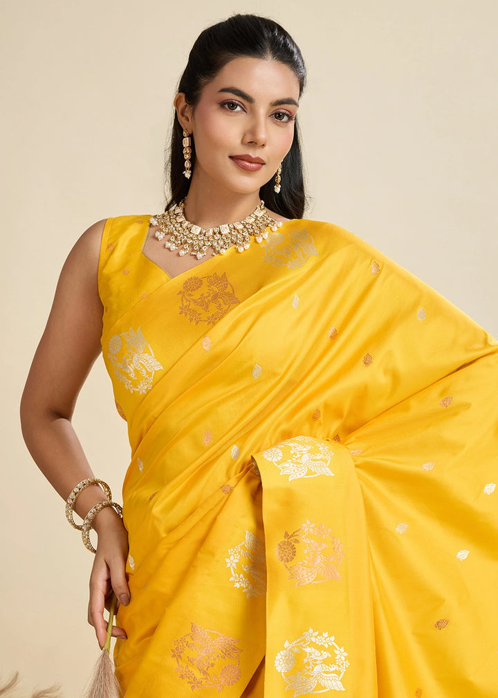 Saffron Yellow Banarasi Silk Saree with Intricate Zari & Paithani Pallu Work