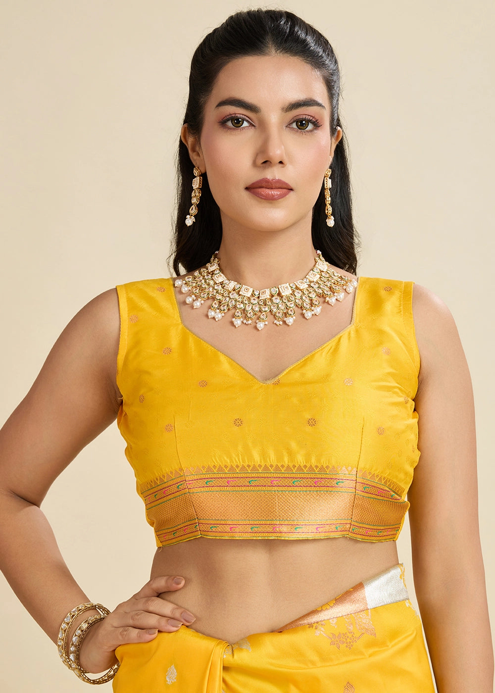 Saffron Yellow Banarasi Silk Saree with Intricate Zari & Paithani Pallu Work