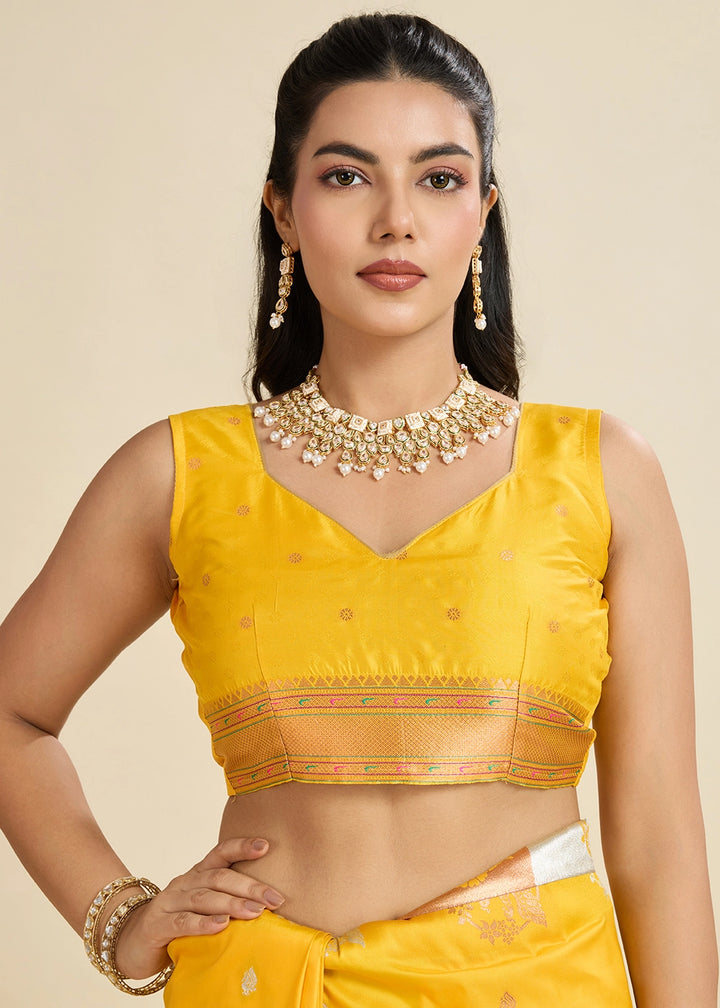 Saffron Yellow Banarasi Silk Saree with Intricate Zari & Paithani Pallu Work