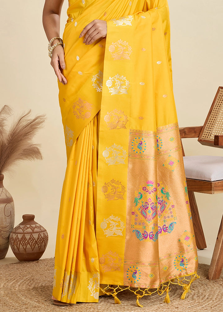 Saffron Yellow Banarasi Silk Saree with Intricate Zari & Paithani Pallu Work