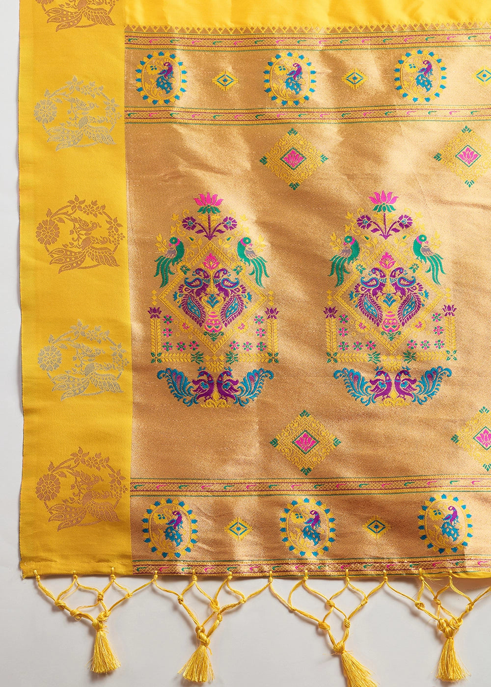 Saffron Yellow Banarasi Silk Saree with Intricate Zari & Paithani Pallu Work