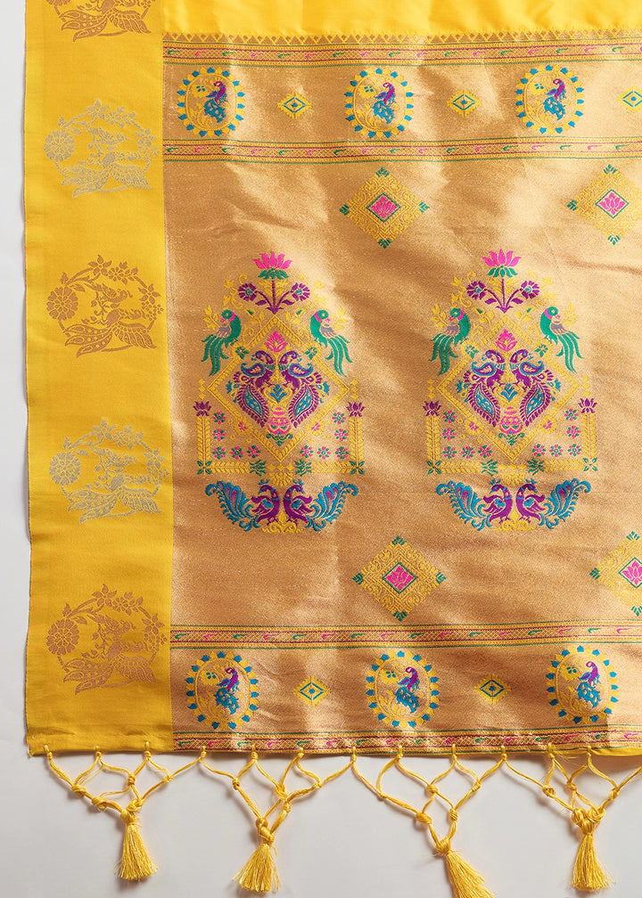 Saffron Yellow Banarasi Silk Saree with Intricate Zari & Paithani Pallu Work