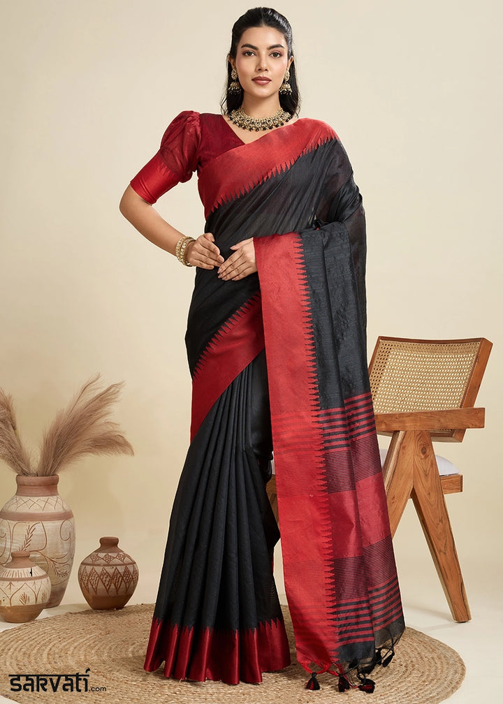 Midnight Black Raw Silk Saree Adorned with Temple Style Border