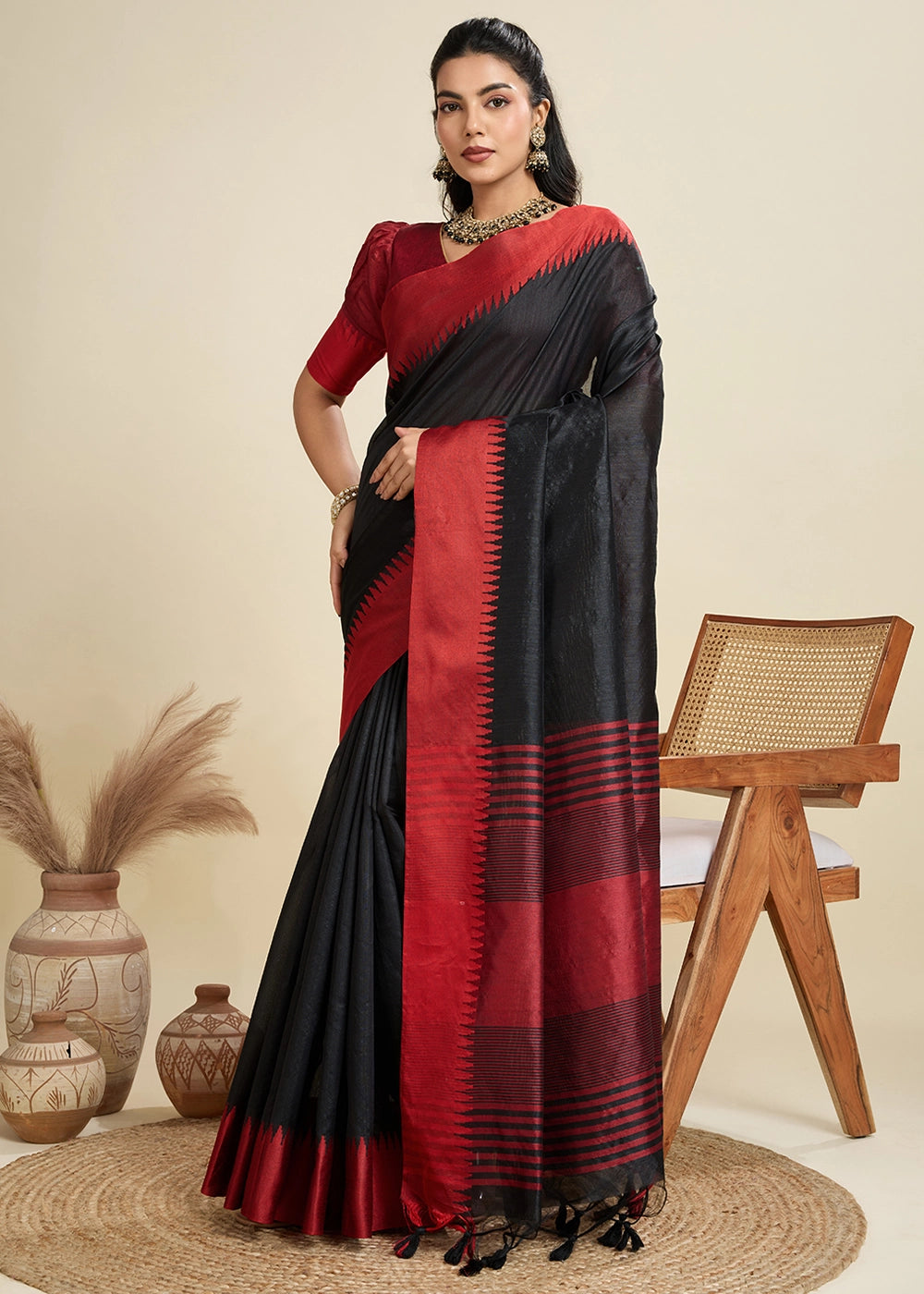 Midnight Black Raw Silk Saree Adorned with Temple Style Border