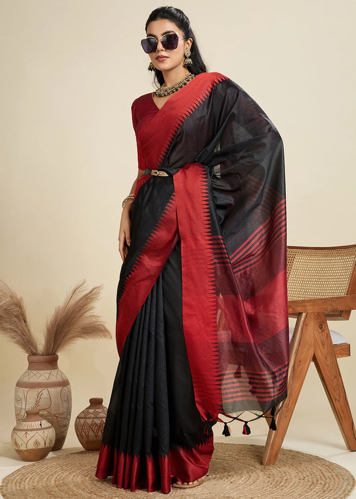 Midnight Black Raw Silk Saree Adorned with Temple Style Border