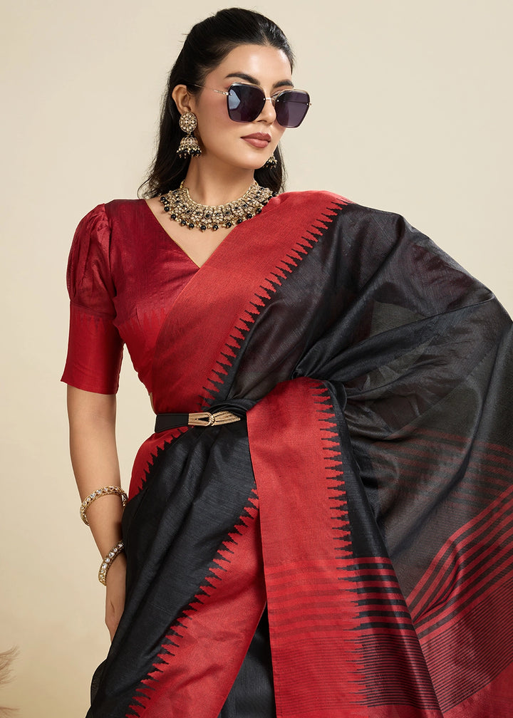 Midnight Black Raw Silk Saree Adorned with Temple Style Border