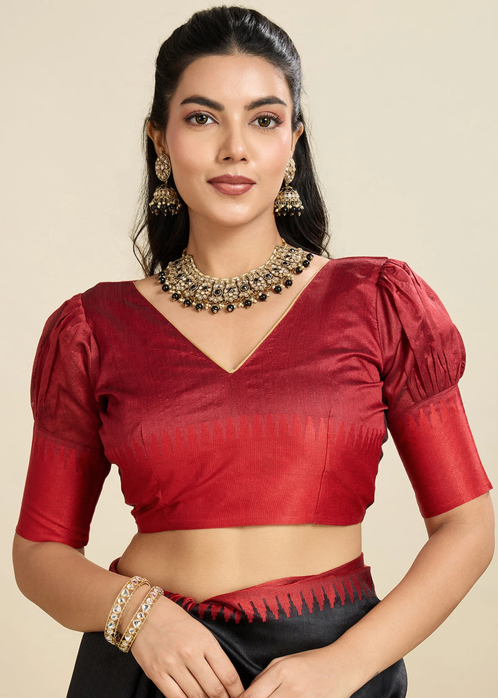 Midnight Black Raw Silk Saree Adorned with Temple Style Border
