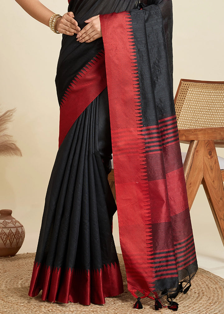 Midnight Black Raw Silk Saree Adorned with Temple Style Border