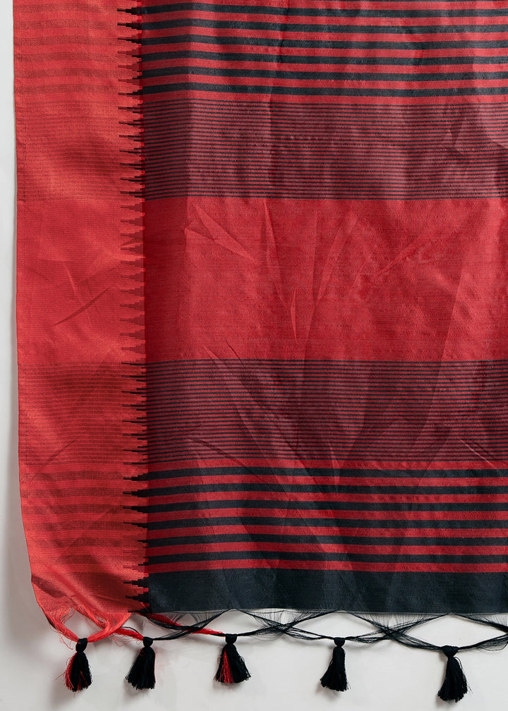 Midnight Black Raw Silk Saree Adorned with Temple Style Border