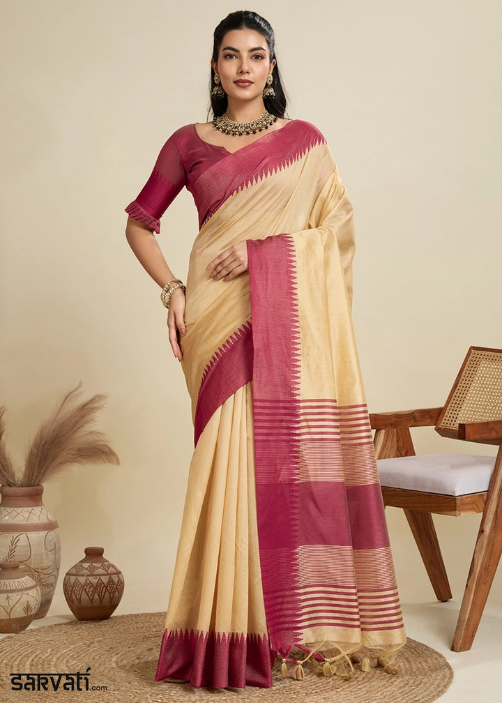 Beige Brown Raw Silk Saree Adorned with Temple Style Border
