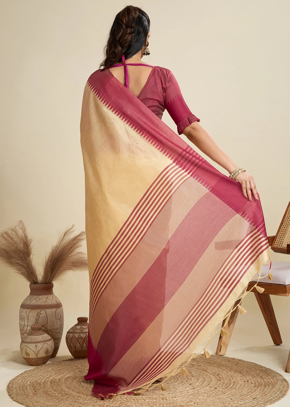 Beige Brown Raw Silk Saree Adorned with Temple Style Border