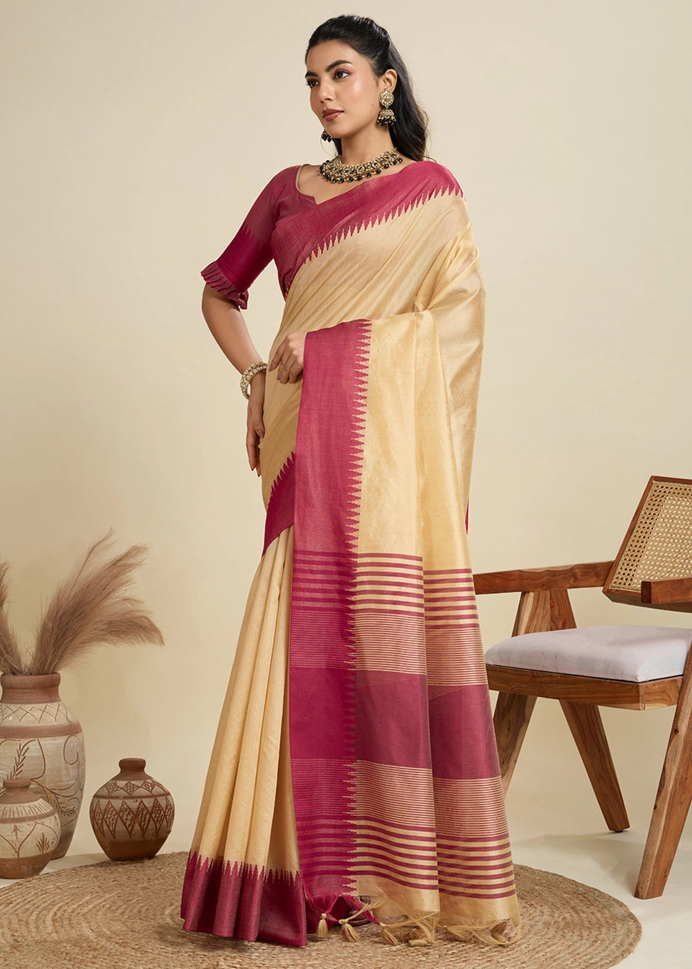 Beige Brown Raw Silk Saree Adorned with Temple Style Border
