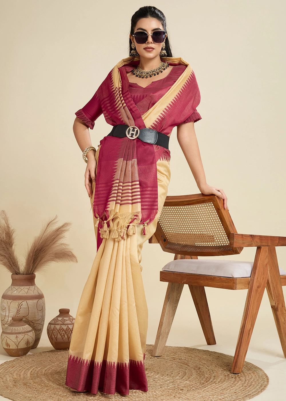 Beige Brown Raw Silk Saree Adorned with Temple Style Border