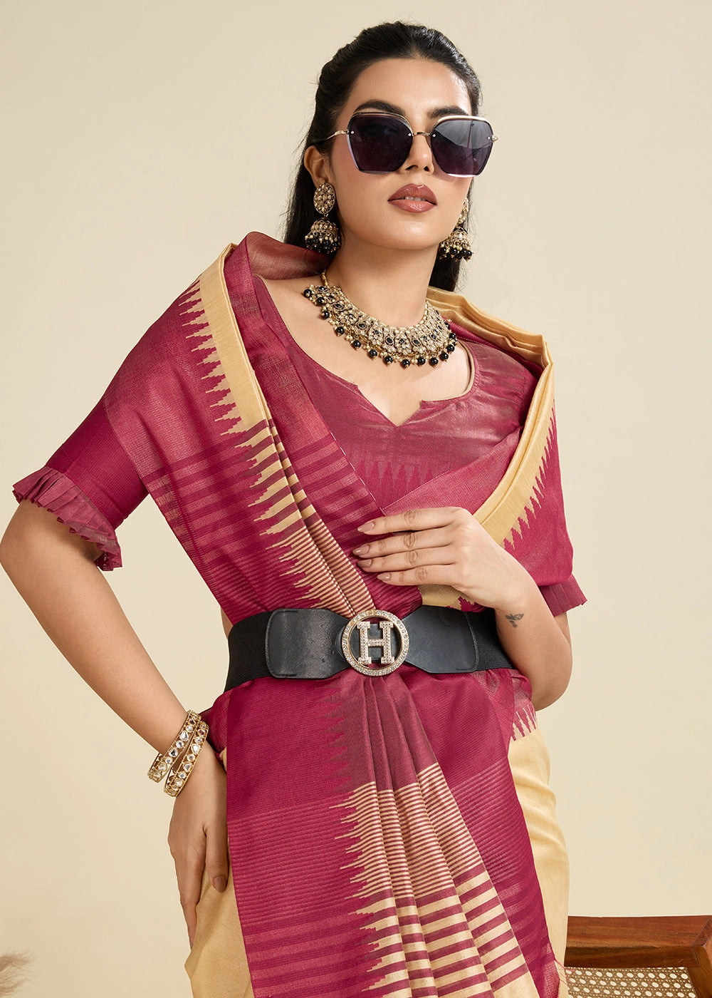 Beige Brown Raw Silk Saree Adorned with Temple Style Border