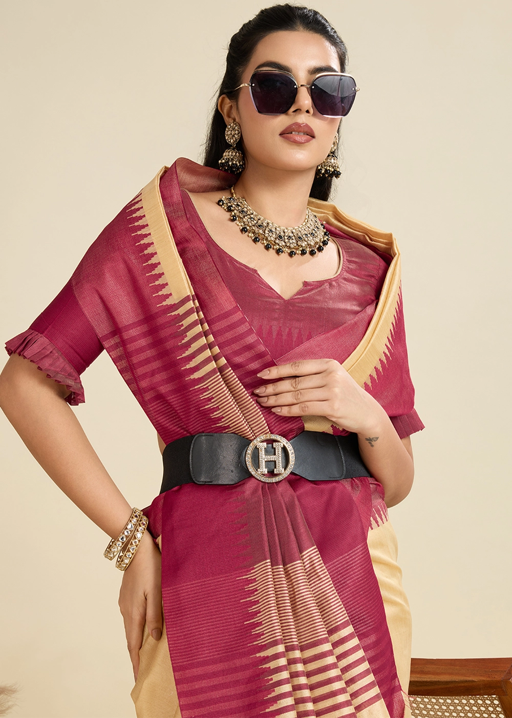 Beige Brown Raw Silk Saree Adorned with Temple Style Border