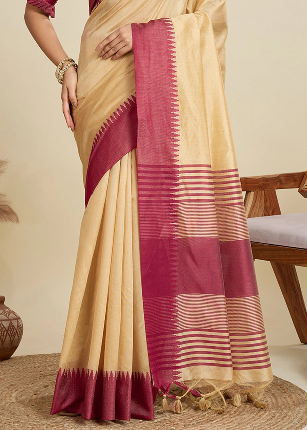 Beige Brown Raw Silk Saree Adorned with Temple Style Border