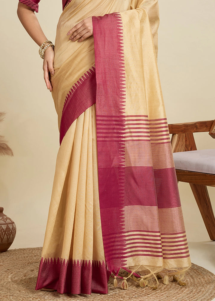 Beige Brown Raw Silk Saree Adorned with Temple Style Border