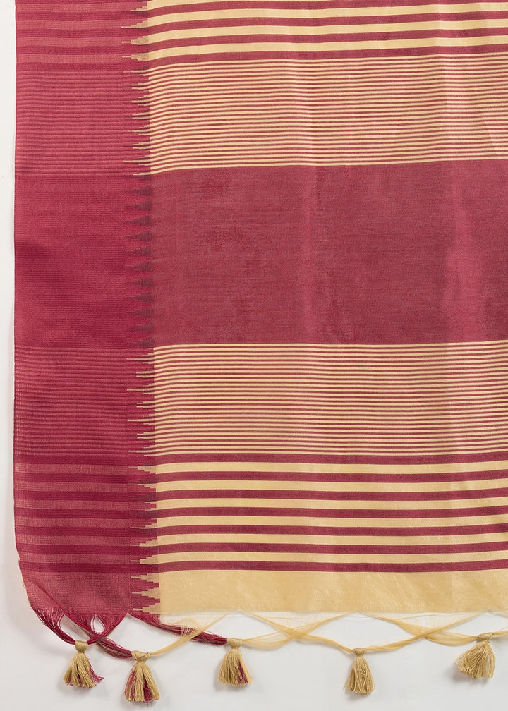 Beige Brown Raw Silk Saree Adorned with Temple Style Border