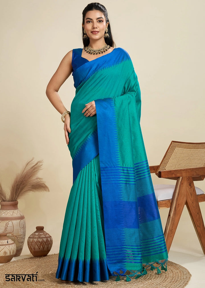 Shaded Blue Raw Silk Saree Adorned with Temple Style Border
