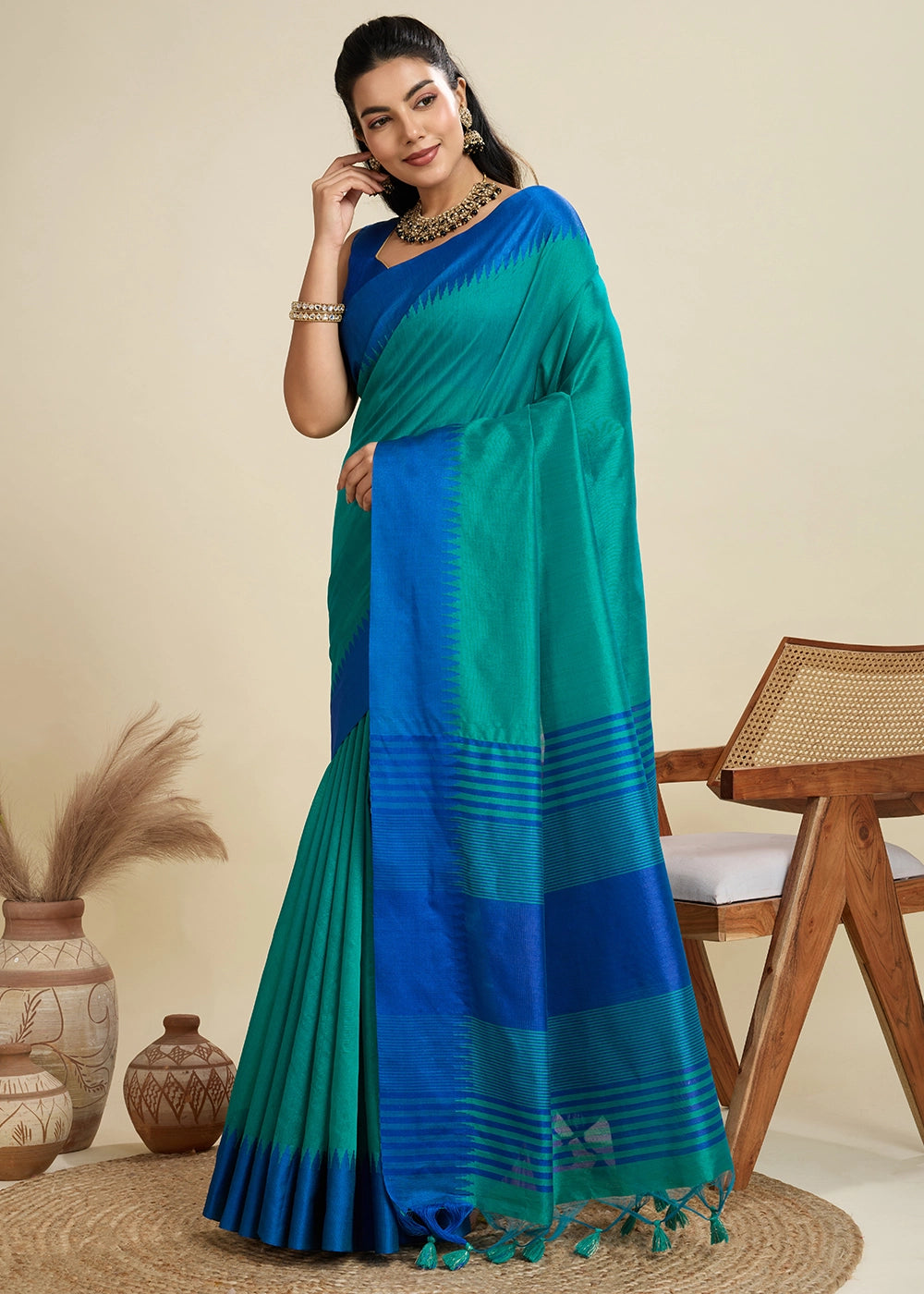 Shaded Blue Raw Silk Saree Adorned with Temple Style Border