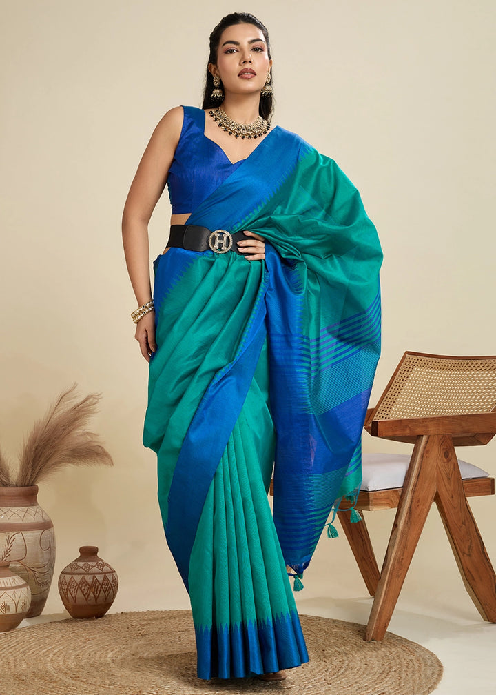Shaded Blue Raw Silk Saree Adorned with Temple Style Border