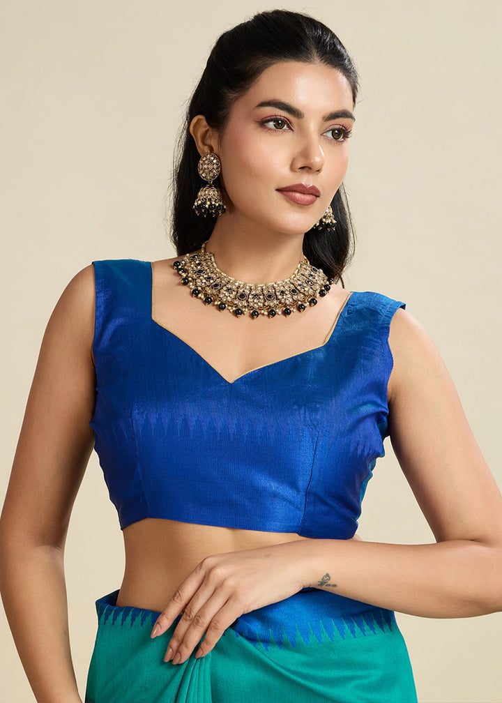 Shaded Blue Raw Silk Saree Adorned with Temple Style Border
