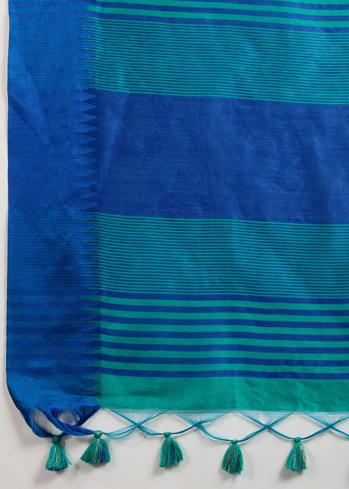 Shaded Blue Raw Silk Saree Adorned with Temple Style Border