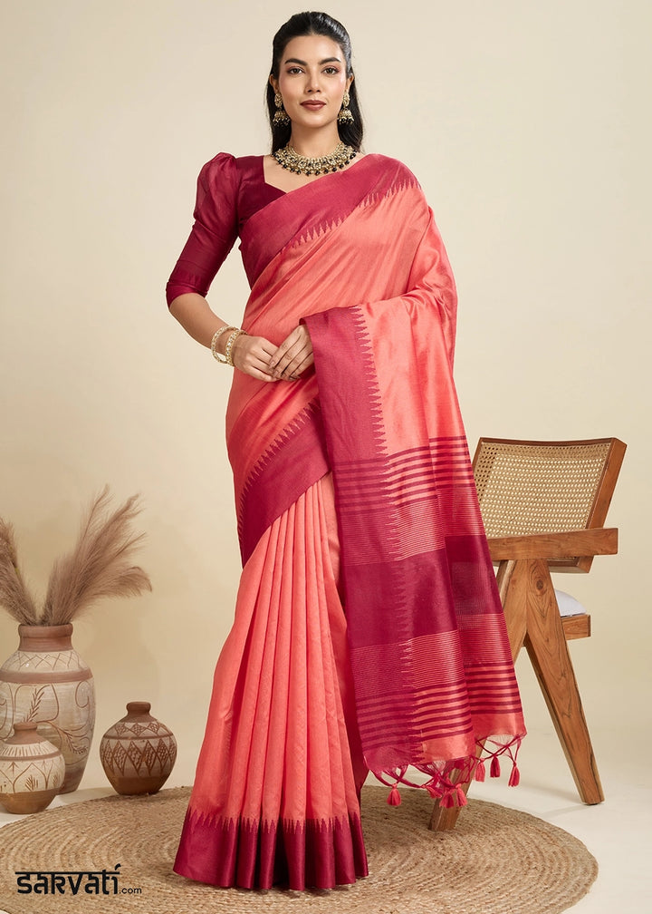 Gajri Pink Raw Silk Saree Adorned with Temple Style Border