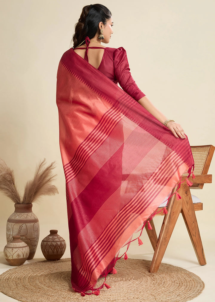 Gajri Pink Raw Silk Saree Adorned with Temple Style Border