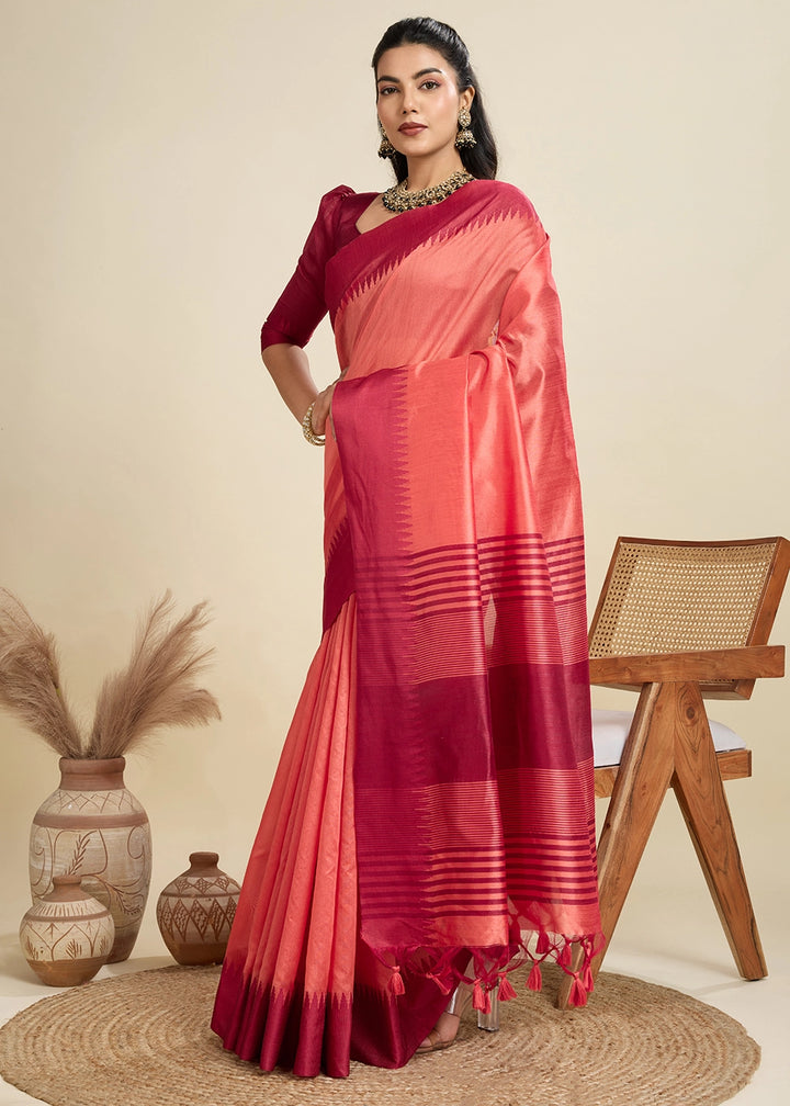 Gajri Pink Raw Silk Saree Adorned with Temple Style Border