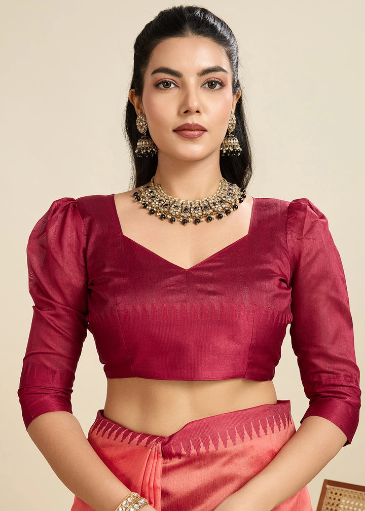 Gajri Pink Raw Silk Saree Adorned with Temple Style Border