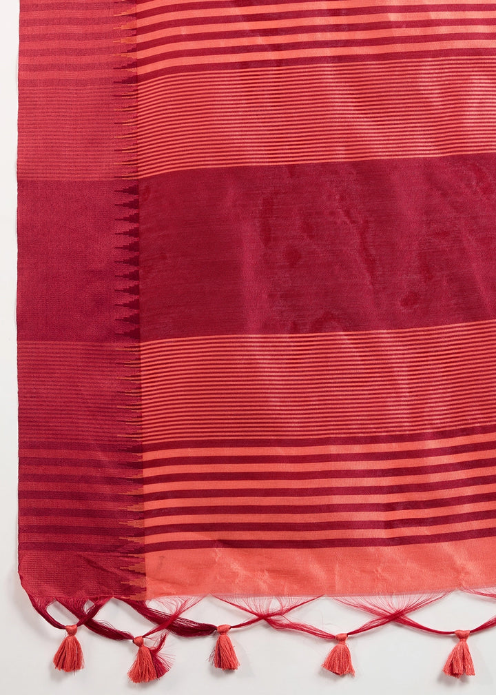 Gajri Pink Raw Silk Saree Adorned with Temple Style Border