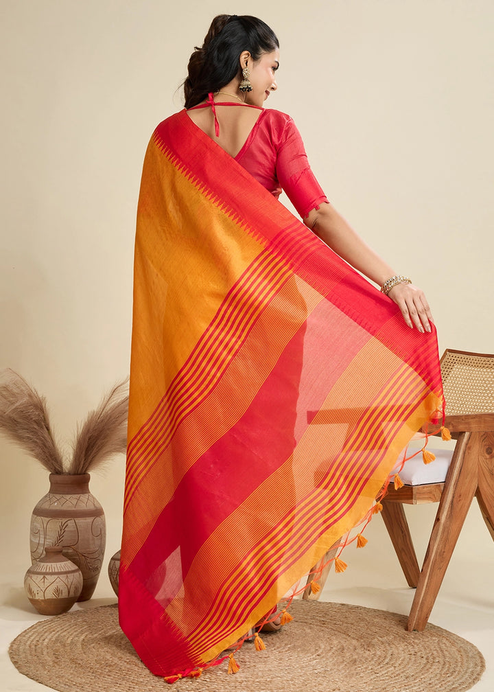 Mustard Yellow Raw Silk Saree Adorned with Temple Style Border