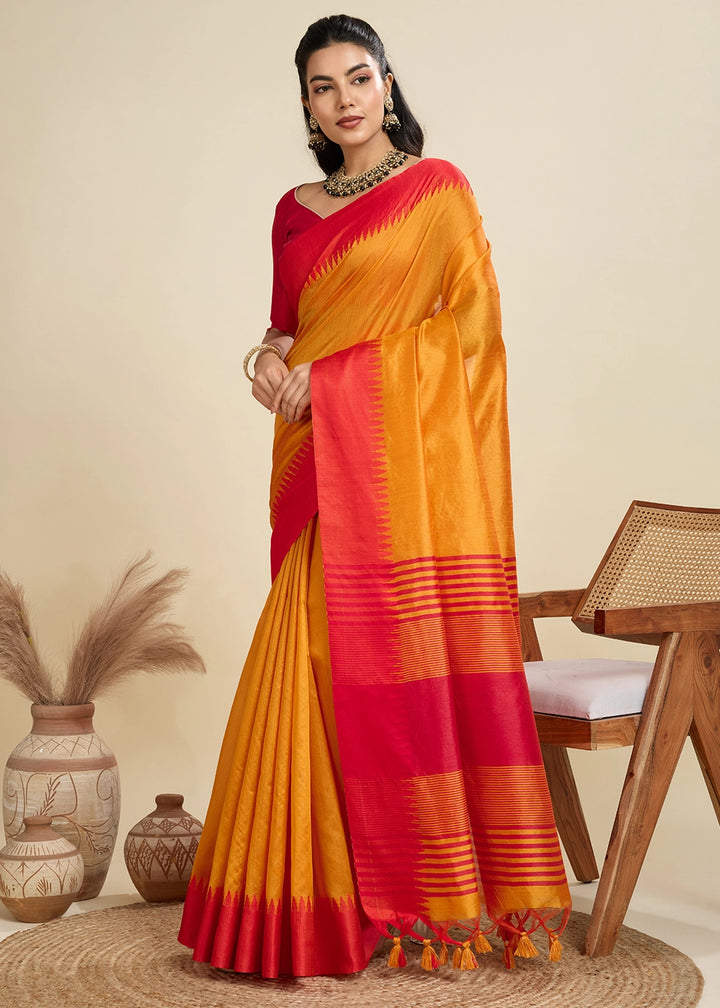Mustard Yellow Raw Silk Saree Adorned with Temple Style Border