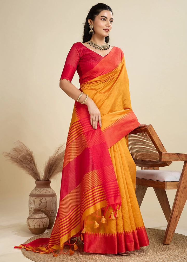 Mustard Yellow Raw Silk Saree Adorned with Temple Style Border