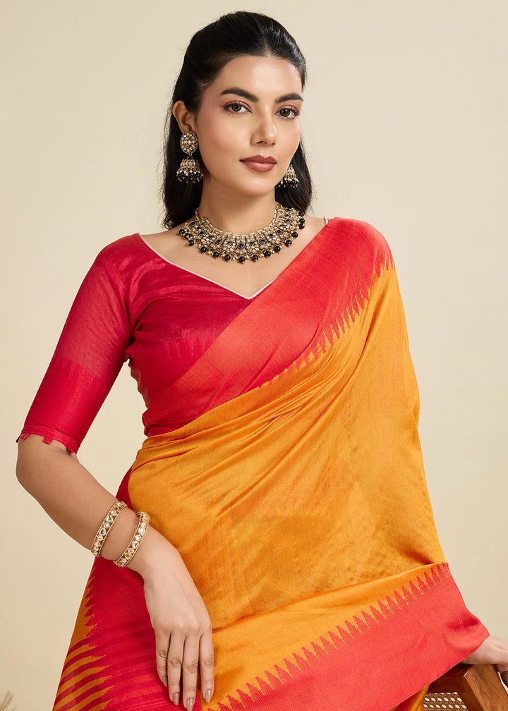 Mustard Yellow Raw Silk Saree Adorned with Temple Style Border