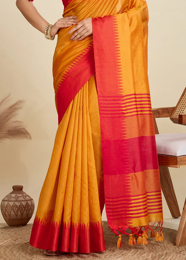 Mustard Yellow Raw Silk Saree Adorned with Temple Style Border