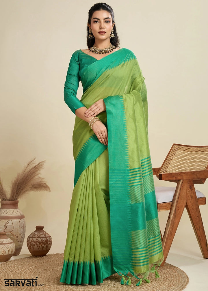 Limerick Green Raw Silk Saree Adorned with Temple Style Border