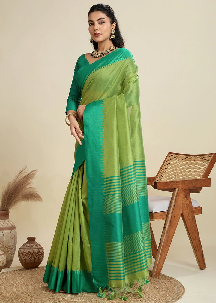 Limerick Green Raw Silk Saree Adorned with Temple Style Border